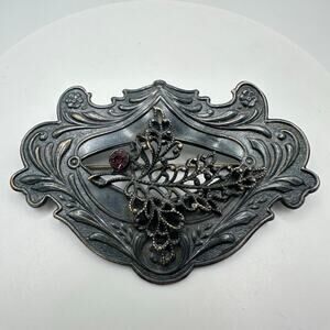 Antique 1900s Art Nouveau gilt silver brass purple rhinestone sash pin brooch